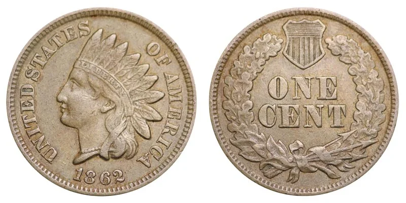 1862 Indian Head Penny obverse and reverse showing Miss Liberty in headdress and oak wreath reverse