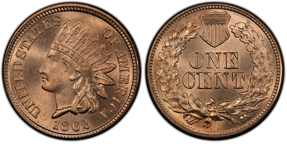 Side-by-side comparison of normal 1862 Indian Head Penny reverse vs FS-801 Doubled Die Reverse showing doubling in shield and ribbon