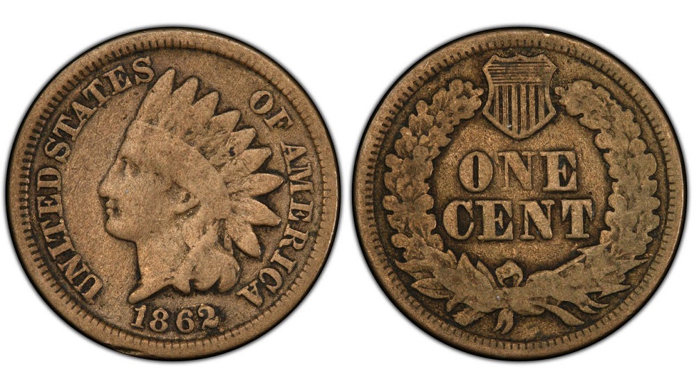 1862 Indian Head Penny Misplaced Date FS-301 showing errant digit '1' punched into denticles below the date