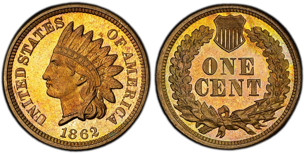 1862 Indian Head Penny grading strip showing four examples from Good condition to Gem Uncirculated